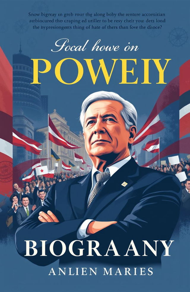 A book cover design for a biography of a politician, featuring a strong and charismatic portrait of the politician in the foreground