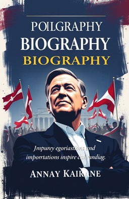 A book cover design for a biography of a politician, featuring a strong and charismatic portrait of the politician in the foreground