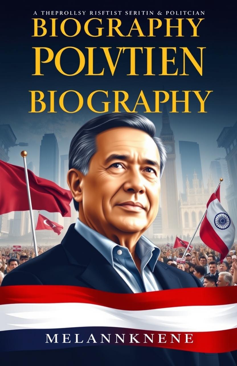 A book cover design for a biography of a politician, featuring a strong and charismatic portrait of the politician in the foreground