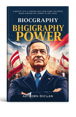 A book cover design for a biography of a politician, featuring a strong and charismatic portrait of the politician in the foreground
