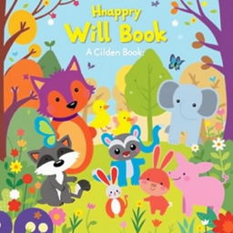 A whimsical children's book cover illustration featuring a vibrant purple wolf, an orange bear, a cyan butterfly, a yellow duck, a blue elephant, a green raccoon, a red rabbit, and a pink pig