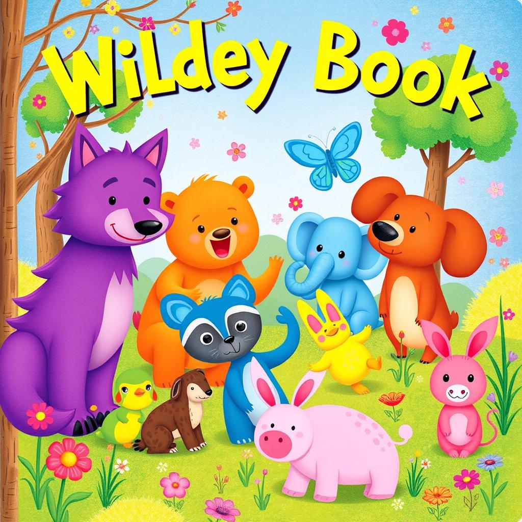 A whimsical children's book cover illustration featuring a vibrant purple wolf, an orange bear, a cyan butterfly, a yellow duck, a blue elephant, a green raccoon, a red rabbit, and a pink pig