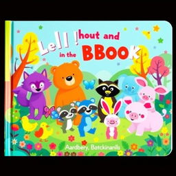 A whimsical children's book cover illustration featuring a vibrant purple wolf, an orange bear, a cyan butterfly, a yellow duck, a blue elephant, a green raccoon, a red rabbit, and a pink pig