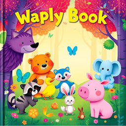 A whimsical children's book cover illustration featuring a vibrant purple wolf, an orange bear, a cyan butterfly, a yellow duck, a blue elephant, a green raccoon, a red rabbit, and a pink pig