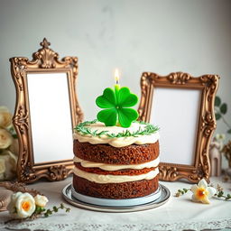 A beautifully decorated birthday cake with rich layers and creamy frosting, featuring a vibrant green four-leaf clover candle placed on top