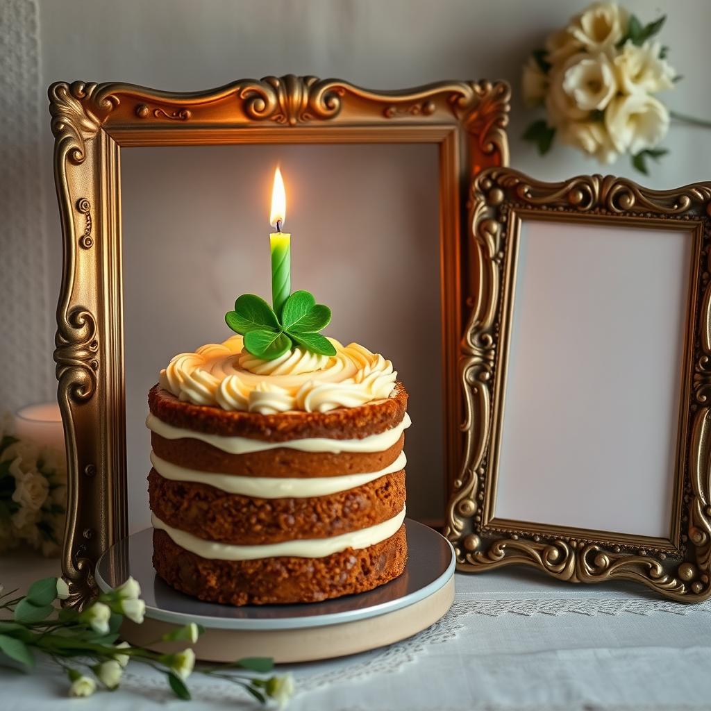 A beautifully decorated birthday cake with rich layers and creamy frosting, featuring a vibrant green four-leaf clover candle placed on top