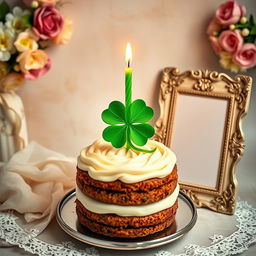 A beautifully decorated birthday cake with rich layers and creamy frosting, featuring a vibrant green four-leaf clover candle placed on top