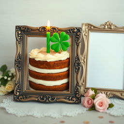 A beautifully decorated birthday cake with rich layers and creamy frosting, featuring a vibrant green four-leaf clover candle placed on top
