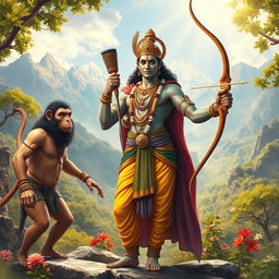 A vibrant and detailed depiction of a scene from the Ramayana, showing Lord Rama, an avatar of Vishnu, standing heroically with a bow in hand, alongside his faithful companion Hanuman