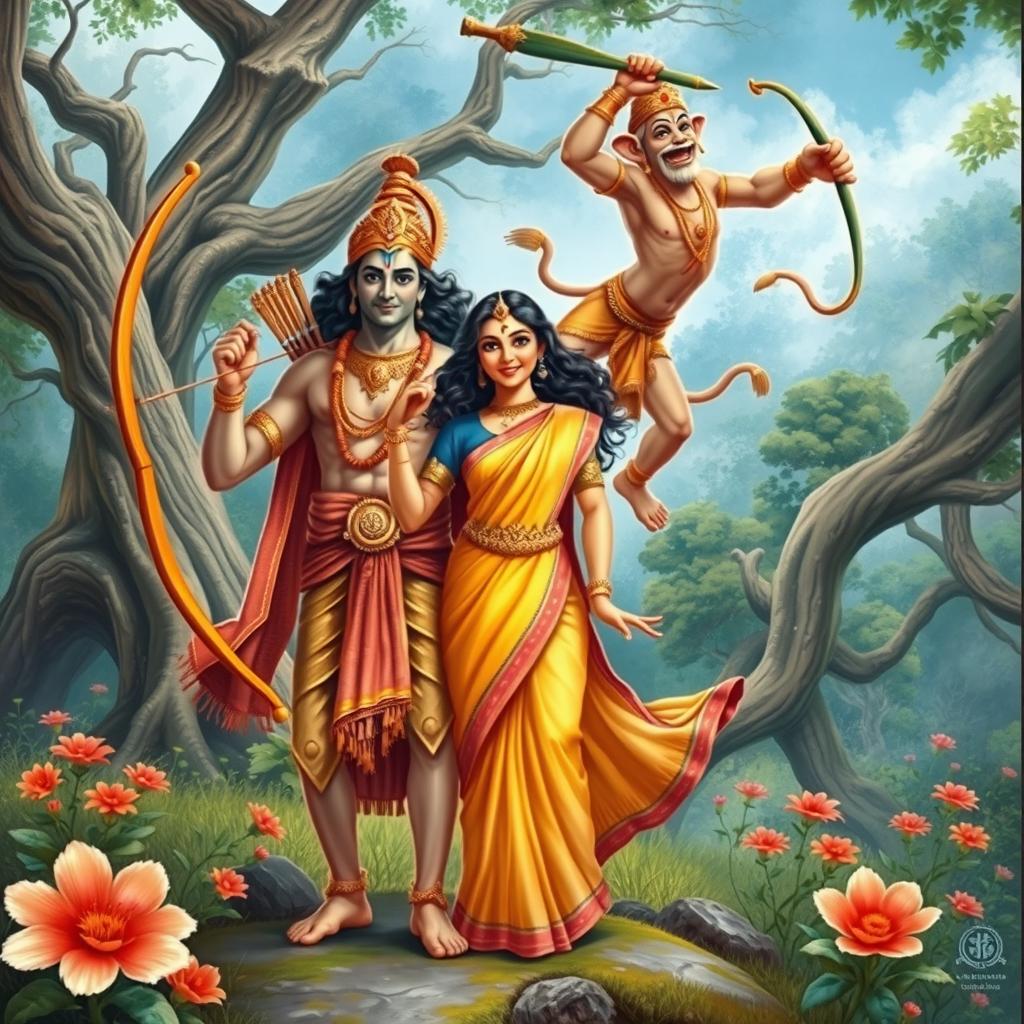 A dynamic scene depicting Rama, Sita, and Hanuman from the epic Ramayana