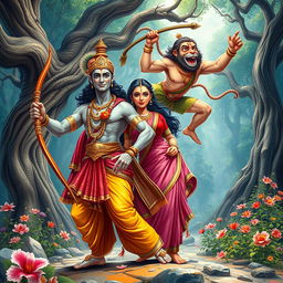 A dynamic scene depicting Rama, Sita, and Hanuman from the epic Ramayana
