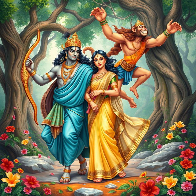 A dynamic scene depicting Rama, Sita, and Hanuman from the epic Ramayana