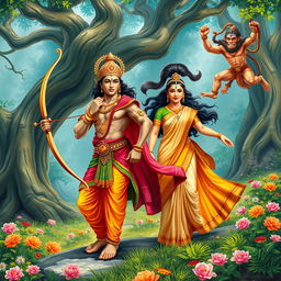 A dynamic scene depicting Rama, Sita, and Hanuman from the epic Ramayana