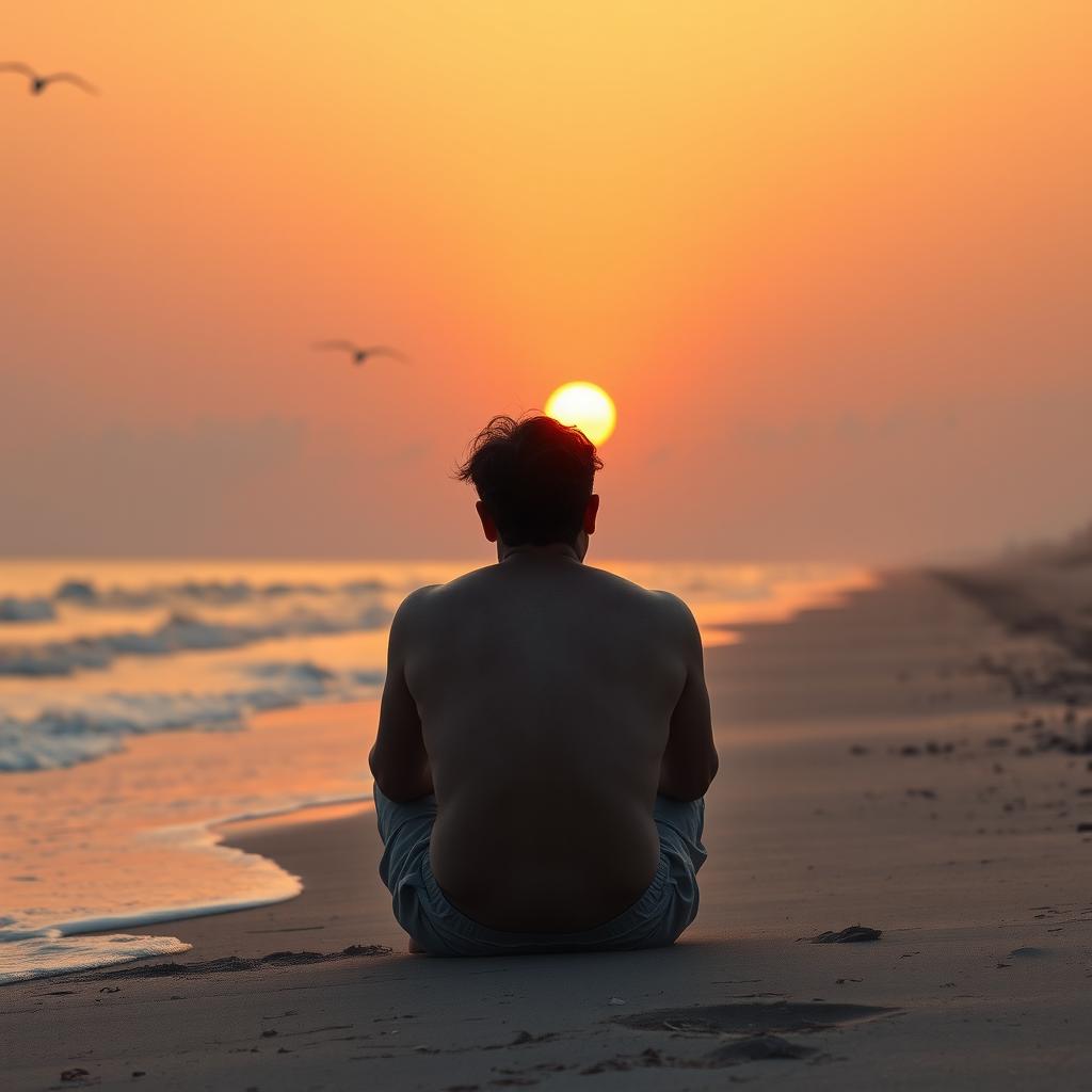 A heart-wrenching scene depicting the back view of a sad man sitting on a beach during sunset