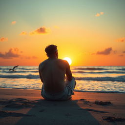 A heart-wrenching scene depicting the back view of a sad man sitting on a beach during sunset