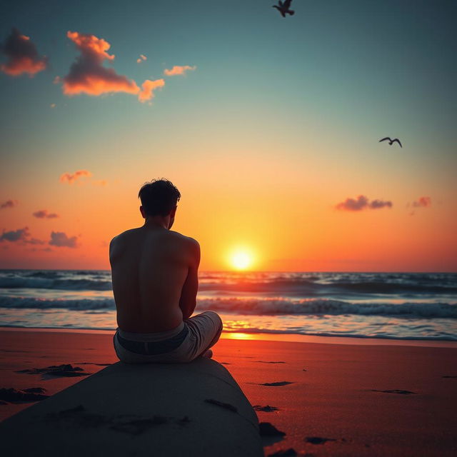 A heart-wrenching scene depicting the back view of a sad man sitting on a beach during sunset