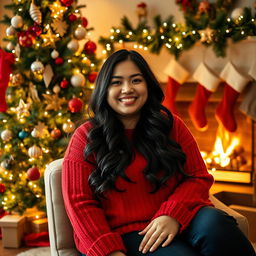 A beautiful plus-size Asian woman with long wavy black hair sits comfortably next to a decorated Christmas tree, adorned with twinkling lights and colorful ornaments