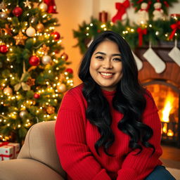 A beautiful plus-size Asian woman with long wavy black hair sits comfortably next to a decorated Christmas tree, adorned with twinkling lights and colorful ornaments