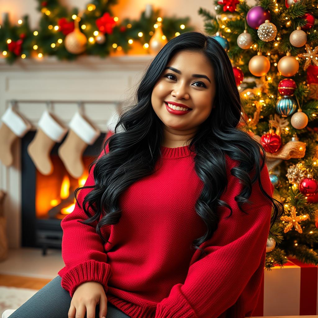 A beautiful plus-size Asian woman with long wavy black hair sits comfortably next to a decorated Christmas tree, adorned with twinkling lights and colorful ornaments