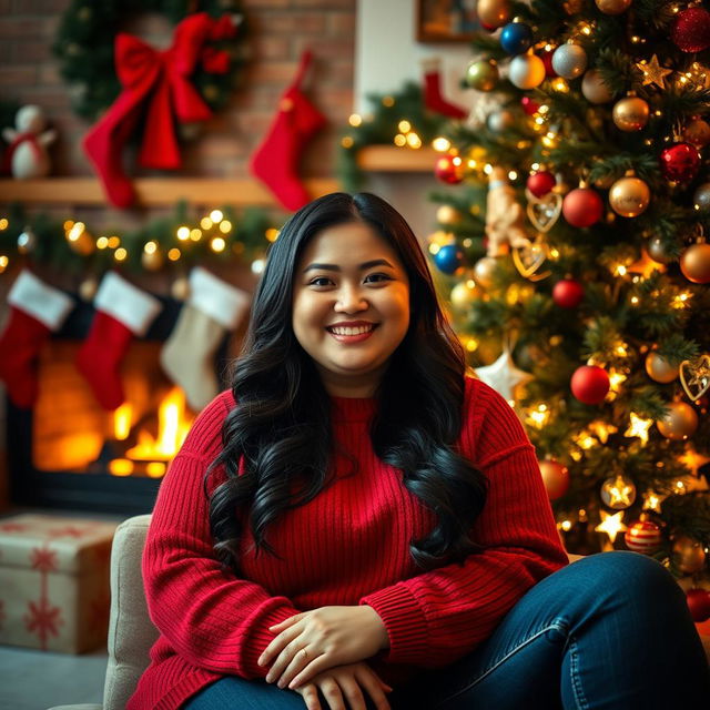 A beautiful plus-size Asian woman with long wavy black hair sits comfortably next to a decorated Christmas tree, adorned with twinkling lights and colorful ornaments