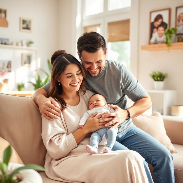 A heartwarming family scene featuring a mother, father, and baby indoors