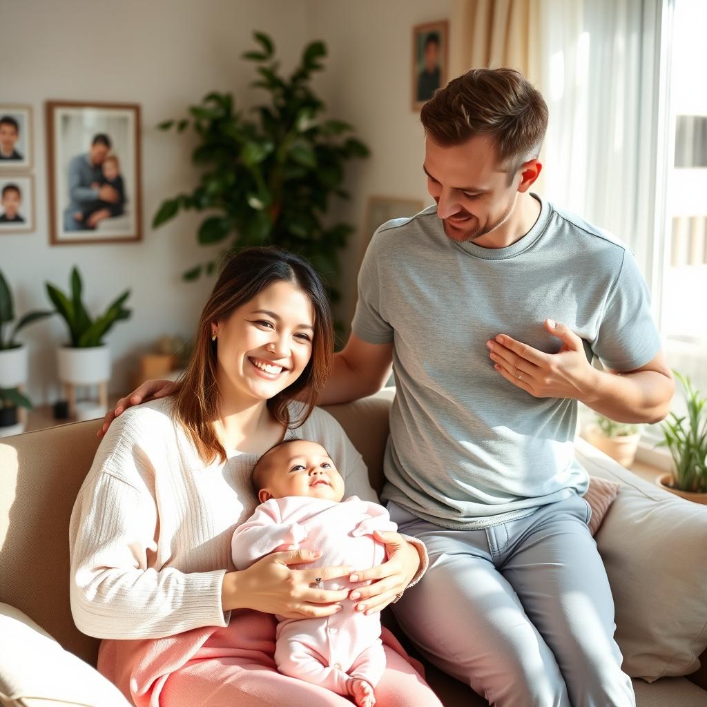 A heartwarming family scene featuring a mother, father, and baby indoors