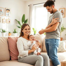 A heartwarming family scene featuring a mother, father, and baby indoors
