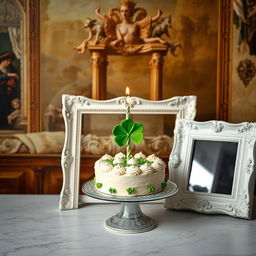 A beautifully decorated birthday cake featuring a four-leaf clover candle placed on top, elegantly positioned inside a vintage frame
