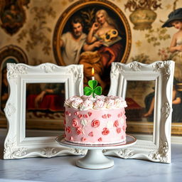 A beautifully decorated birthday cake featuring a four-leaf clover candle placed on top, elegantly positioned inside a vintage frame