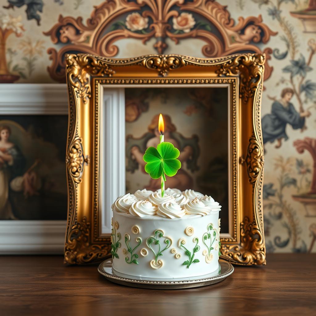 A beautifully decorated birthday cake featuring a four-leaf clover candle placed on top, elegantly positioned inside a vintage frame