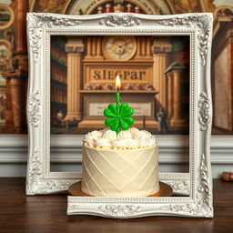 A beautifully decorated birthday cake featuring a four-leaf clover candle placed on top, elegantly positioned inside a vintage frame
