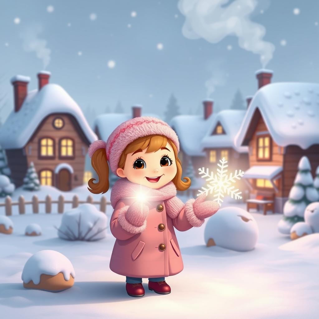A cozy, snow-covered village scene featuring charming little houses with smoke gently rising from chimneys