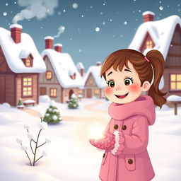 A cozy, snow-covered village scene featuring charming little houses with smoke gently rising from chimneys