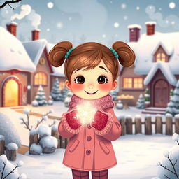 A cozy, snow-covered village scene featuring charming little houses with smoke gently rising from chimneys