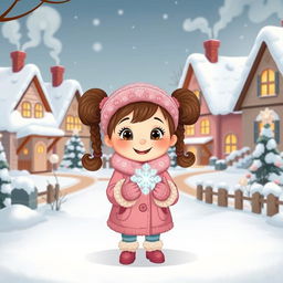 A cozy, snow-covered village scene featuring charming little houses with smoke gently rising from chimneys