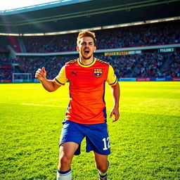 A person wearing a vibrant football jersey, enthusiastic and full of energy, standing on a lush green football field