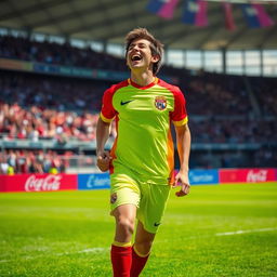 A person wearing a vibrant football jersey, enthusiastic and full of energy, standing on a lush green football field
