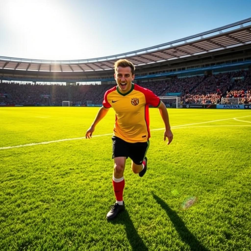 A person wearing a vibrant football jersey, enthusiastic and full of energy, standing on a lush green football field