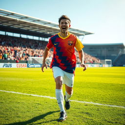 A person wearing a vibrant football jersey, enthusiastic and full of energy, standing on a lush green football field