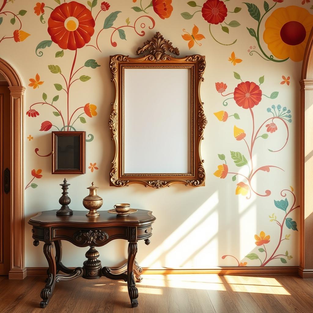 A cheerful Renaissance-style wall adorned with vibrant colors and whimsical patterns, capturing an uplifting atmosphere