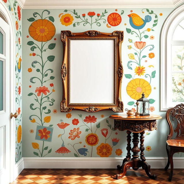 A cheerful Renaissance-style wall adorned with vibrant colors and whimsical patterns, capturing an uplifting atmosphere