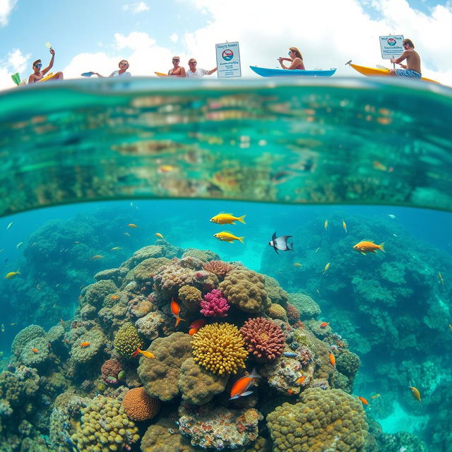 A vibrant underwater scene showcasing a healthy coral reef teeming with diverse marine life including colorful fish, sea turtles, and healthy corals