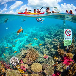 A vibrant underwater scene showcasing a healthy coral reef teeming with diverse marine life including colorful fish, sea turtles, and healthy corals