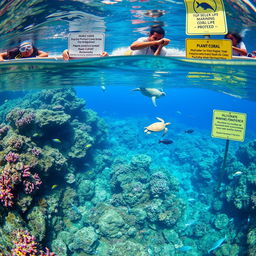 A vibrant underwater scene showcasing a healthy coral reef teeming with diverse marine life including colorful fish, sea turtles, and healthy corals