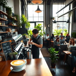 A modern coffee shop scene featuring a stylish barista preparing a latte with intricate latte art, surrounded by indoor plants and a cozy atmosphere