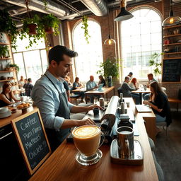 A modern coffee shop scene featuring a stylish barista preparing a latte with intricate latte art, surrounded by indoor plants and a cozy atmosphere