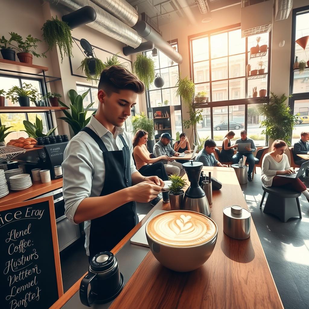 A modern coffee shop scene featuring a stylish barista preparing a latte with intricate latte art, surrounded by indoor plants and a cozy atmosphere