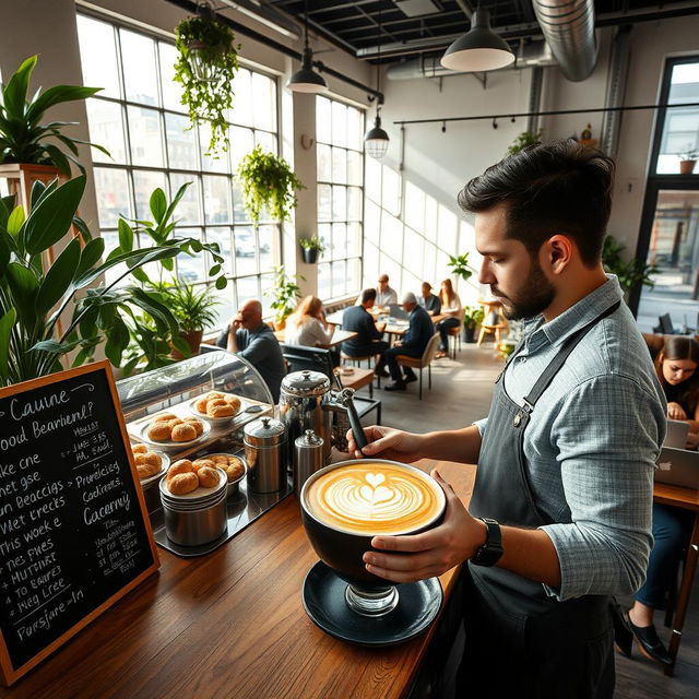 A modern coffee shop scene featuring a stylish barista preparing a latte with intricate latte art, surrounded by indoor plants and a cozy atmosphere