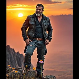 A portrayal of a brave man standing confidently atop a rocky cliff, gazing into the horizon with determination