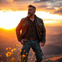 A portrayal of a brave man standing confidently atop a rocky cliff, gazing into the horizon with determination